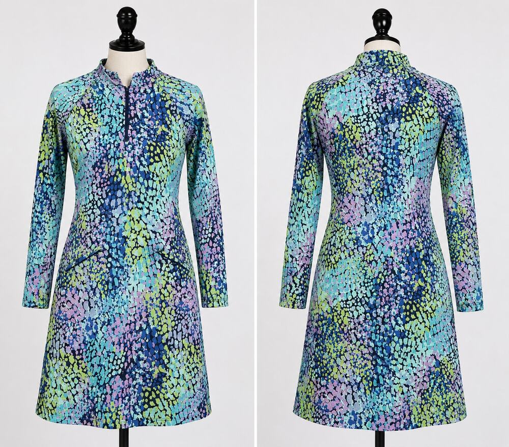Women’s Abstract Print Quarter Zip Golf Dress Long Sleeve Pockets Activewear S